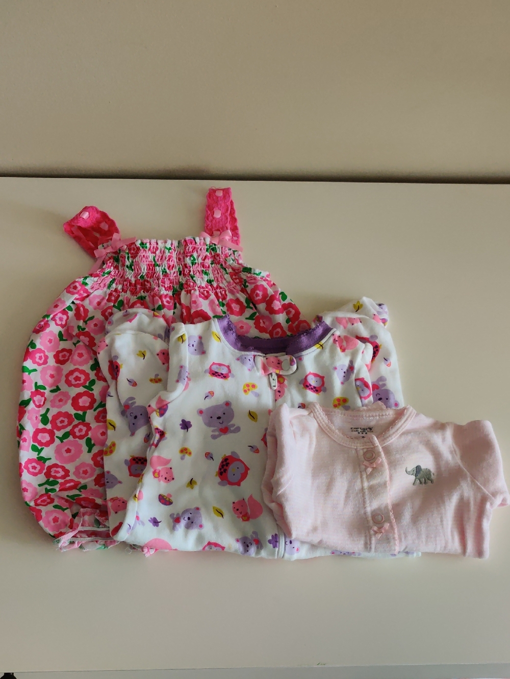 Lot Of 3 - Faded Glory White Footed One-Piece, Little Cardigan and Romper